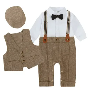 Baby Boys British Style Party Romper Set with Bow Vest and Lapel Shirt - Cotton Long Sleeve Rompers for 0-3T