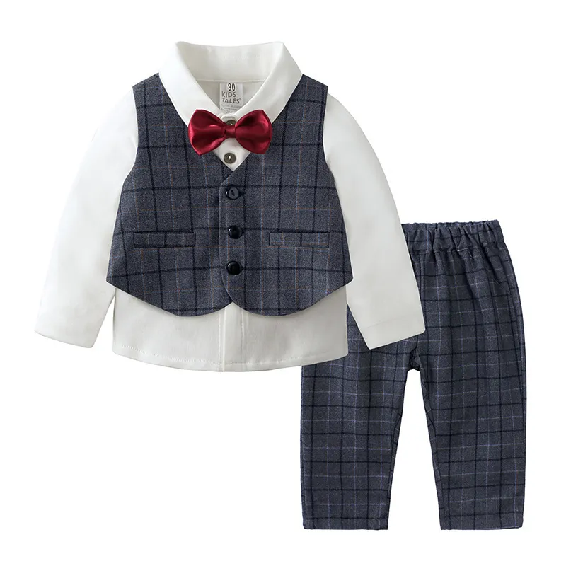 Baby Boys British Style Plaid Bow Vest Long Sleeve Lapel Shirt Trousers Set for Party