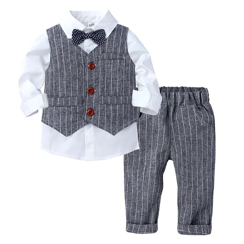 Kids Baby Boys Party British Style Vest Plaid Stripe Long Sleeve Lapel Shirt Trousers Set