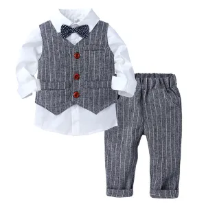 Kids Baby Boys Party British Style Vest Plaid Stripe Long Sleeve Lapel Shirt Trousers Set