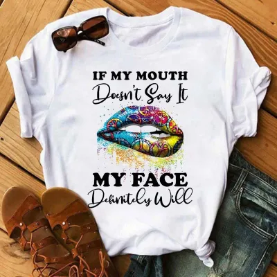 Women's Casual Red Lip Print Short-Sleeved Round Neck T-Shirt