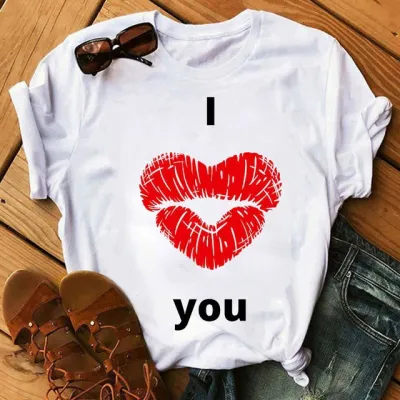 Women's Casual Red Lip Print Short-Sleeved Round Neck T-Shirt