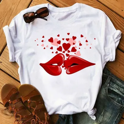Women's Casual Red Lip Print Short-Sleeved Round Neck T-Shirt