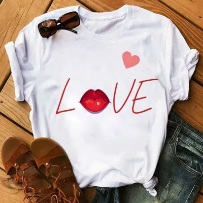 Women's Casual Red Lip Print Short-Sleeved Round Neck T-Shirt