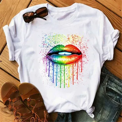 Women's Casual Red Lip Print Short-Sleeved Round Neck T-Shirt