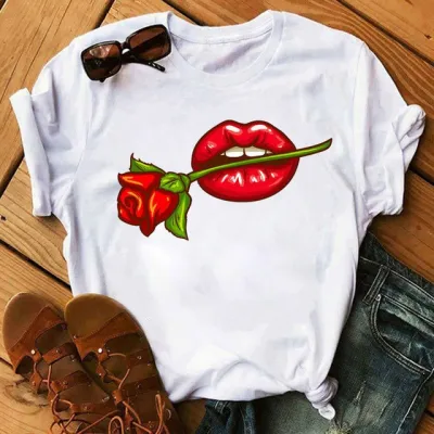 Women's Casual Red Lip Print Short-Sleeved Round Neck T-Shirt