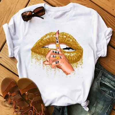 Women's Casual Red Lip Print Short-Sleeved Round Neck T-Shirt