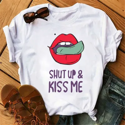 Women's Casual Red Lip Print Short-Sleeved Round Neck T-Shirt