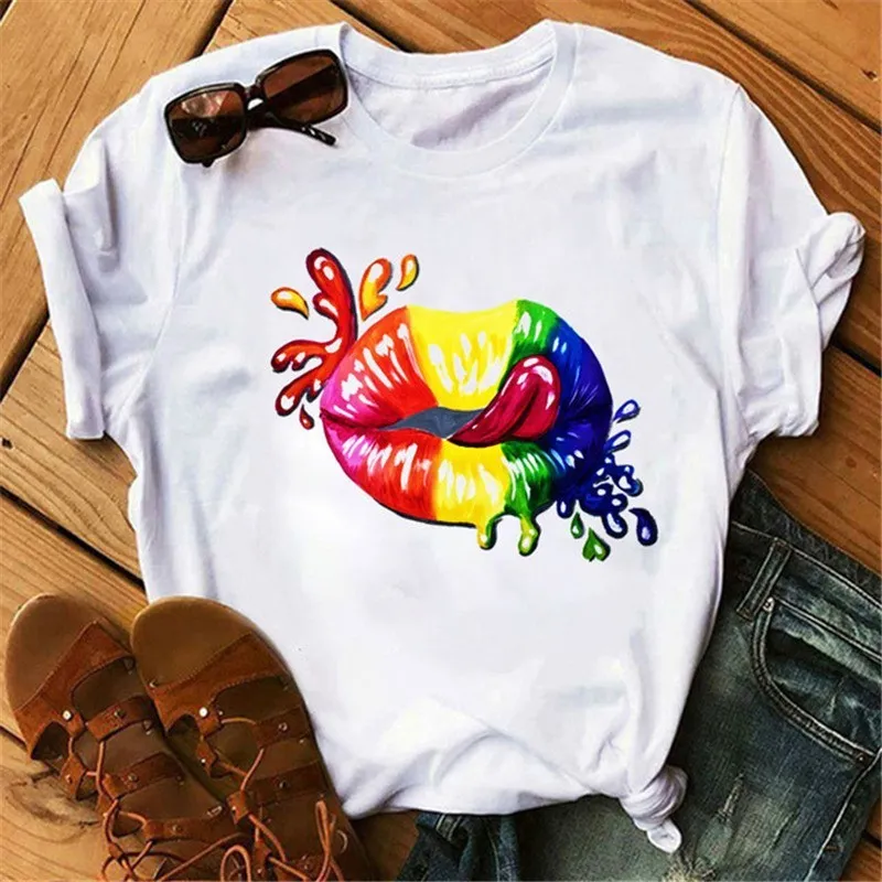 Women's Casual Red Lip Print Short-Sleeved Round Neck T-Shirt