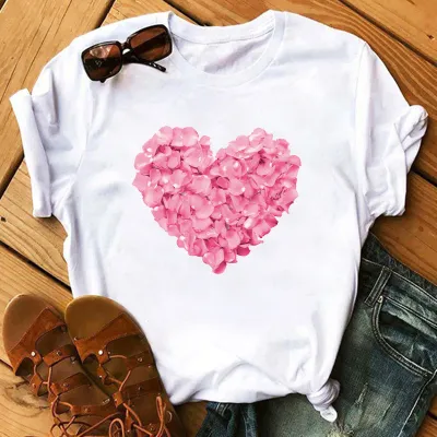 Women Casual Rose Heart-Shaped Short-Sleeved T-Shirt