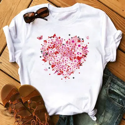 Women Casual Rose Heart-Shaped Short-Sleeved T-Shirt