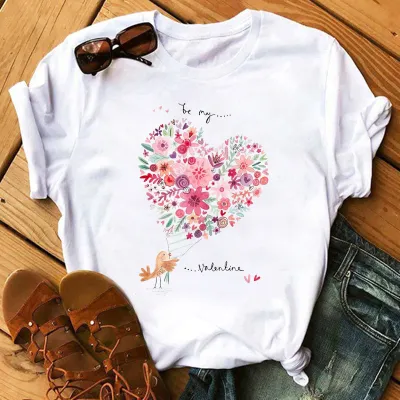 Women Casual Rose Heart-Shaped Short-Sleeved T-Shirt