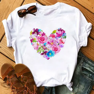 Women Casual Rose Heart-Shaped Short-Sleeved T-Shirt