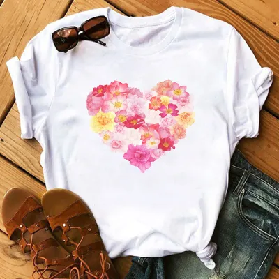 Women Casual Rose Heart-Shaped Short-Sleeved T-Shirt