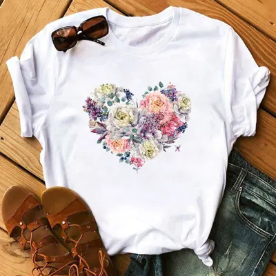 Women Casual Rose Heart-Shaped Short-Sleeved T-Shirt
