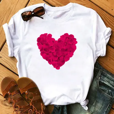 Women Casual Rose Heart-Shaped Short-Sleeved T-Shirt