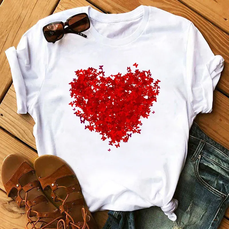 Women Casual Rose Heart-Shaped Short-Sleeved T-Shirt