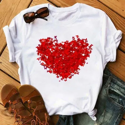 Women Casual Heart-Print Short-Sleeve T-Shirt