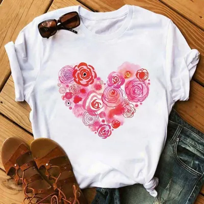 Women Casual Heart-Print Short-Sleeve T-Shirt