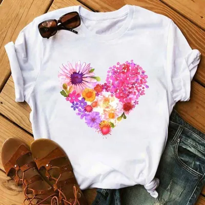 Women Casual Heart-Print Short-Sleeve T-Shirt
