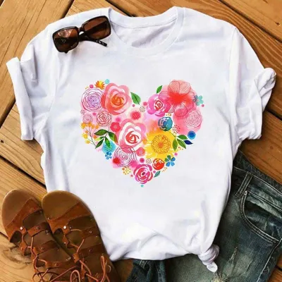 Women Casual Heart-Print Short-Sleeve T-Shirt