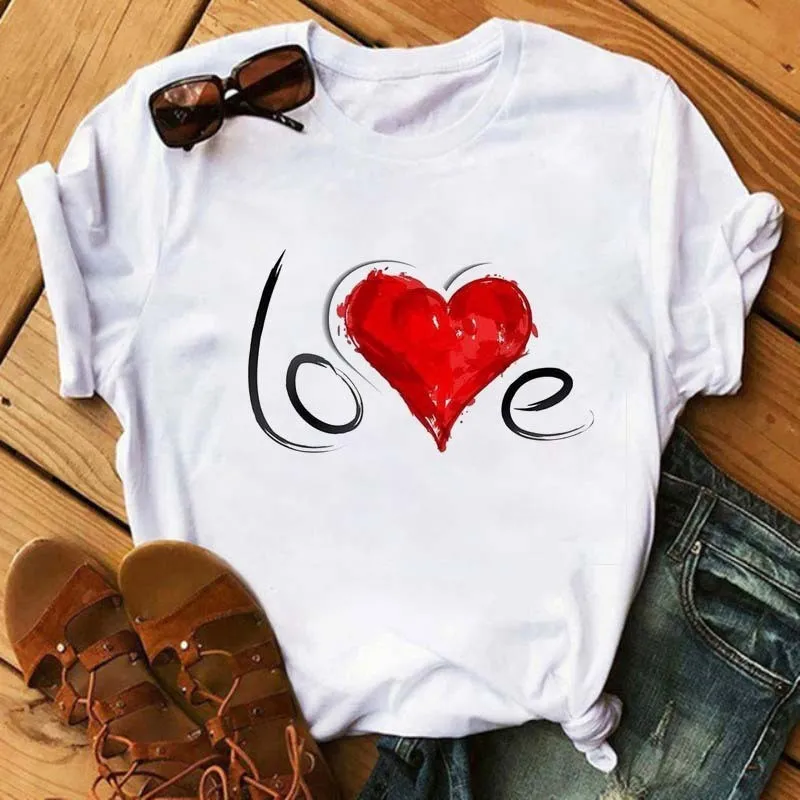 Women Casual Heart-Print Short-Sleeve T-Shirt