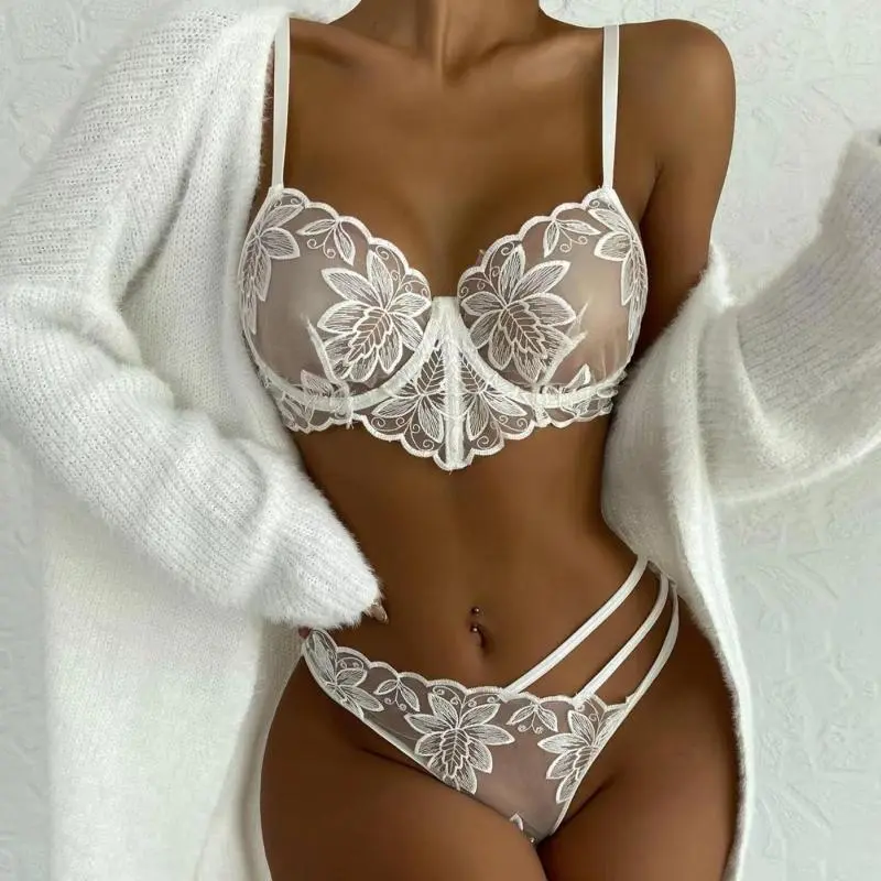 Women Fashion Sexy Embroidered Mesh Perspective Underwear Set