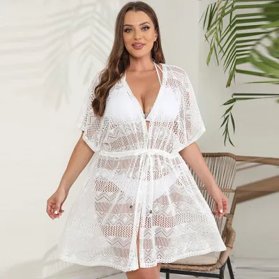Women Fashion Sexy Plus Size Perspective Lace Drawstring Sun Protection Swimsuit Cover-Ups