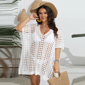 Women Plus Size Sexy Deep V Hollow Knit Swimwear Cover-Ups