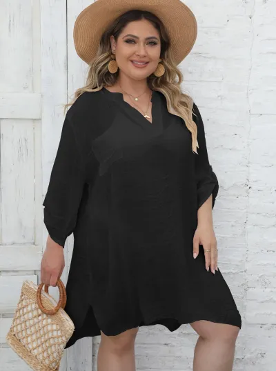 Women Plus Size V-Neck Swimsuit Cover-Up Slub Cotton Street Hipster Solid Color