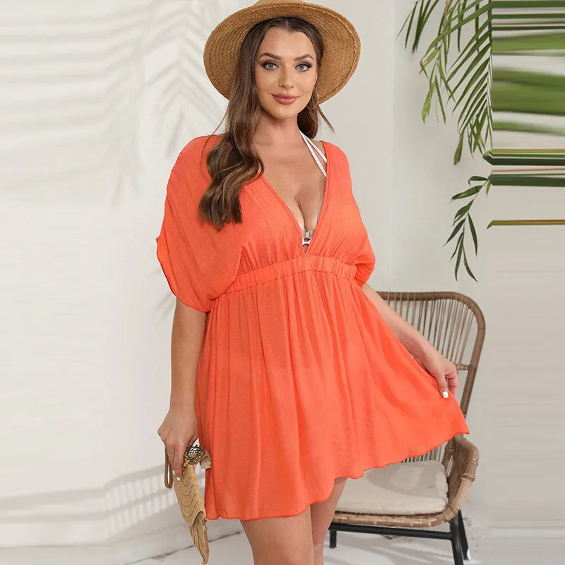 Women Plus Size Sexy V-Neck Backless Swimwear Cover-Up Slub Cotton Street Hipster