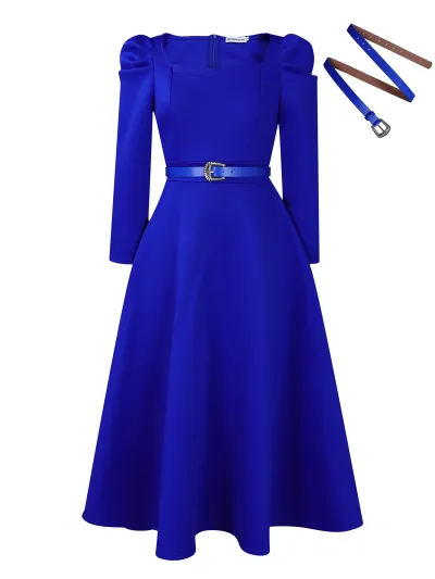 Women Fashion Puff Sleeve Large Size Banquet Party Defined Waist Midi Solid Dress