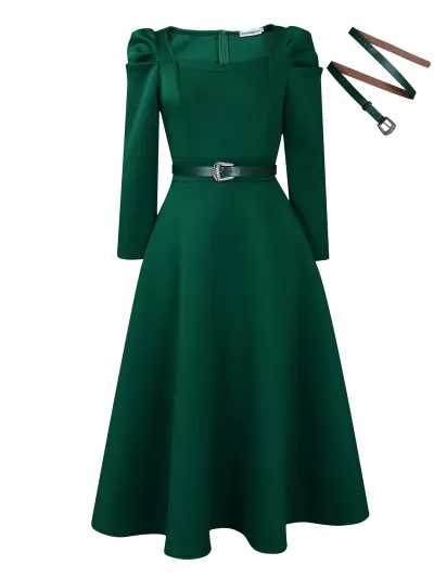 Women Fashion Puff Sleeve Large Size Banquet Party Defined Waist Midi Solid Dress