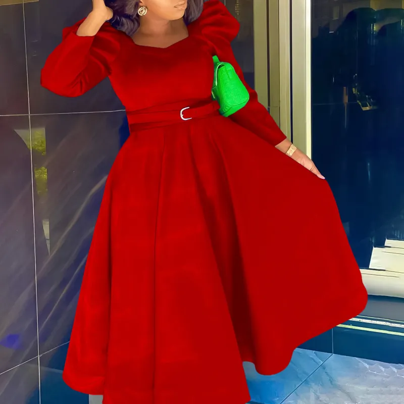 Women Fashion Puff Sleeve Large Size Banquet Party Defined Waist Midi Solid Dress