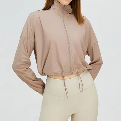 Women Casual Solid Color Yoga Drawstring Sports Running Top