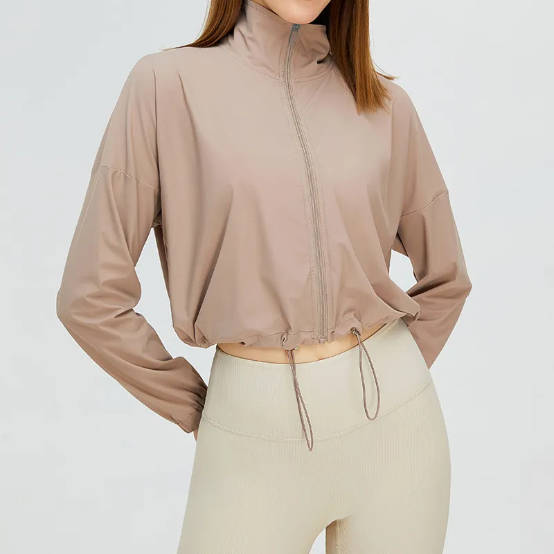 Women Casual Solid Color Yoga Drawstring Sports Running Top