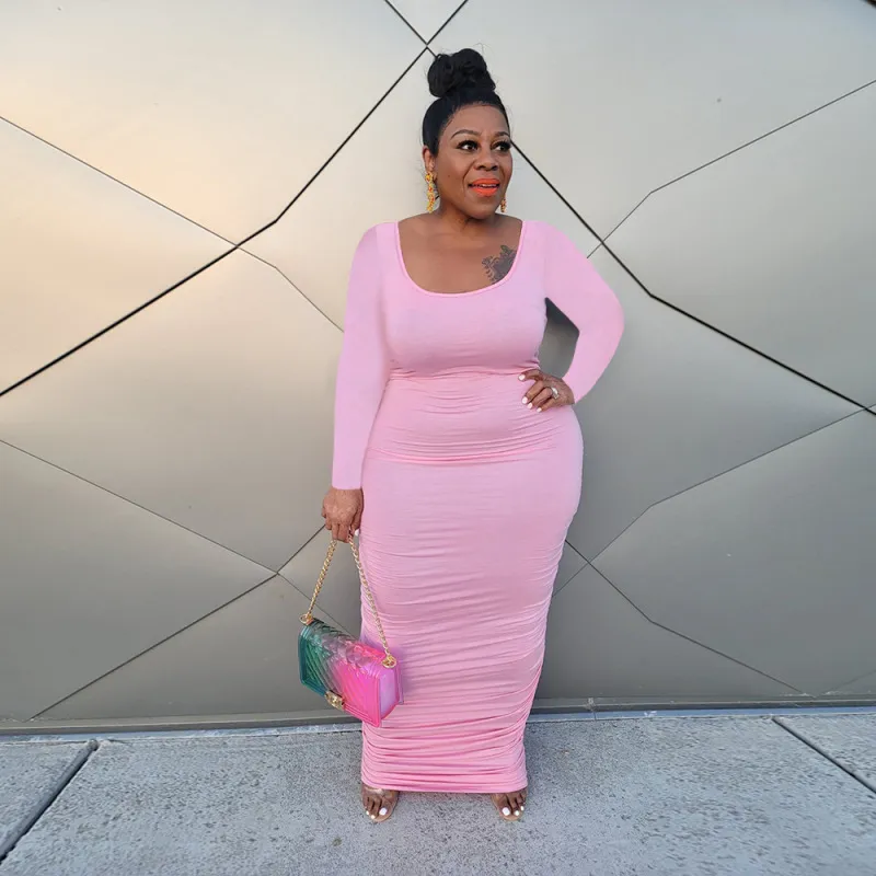 Women Plus Size U-Neck Long Sleeve Tight Maxi Dress