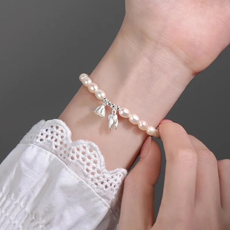 Women Fashion Retro Lotus Pearl Copper Bracelet