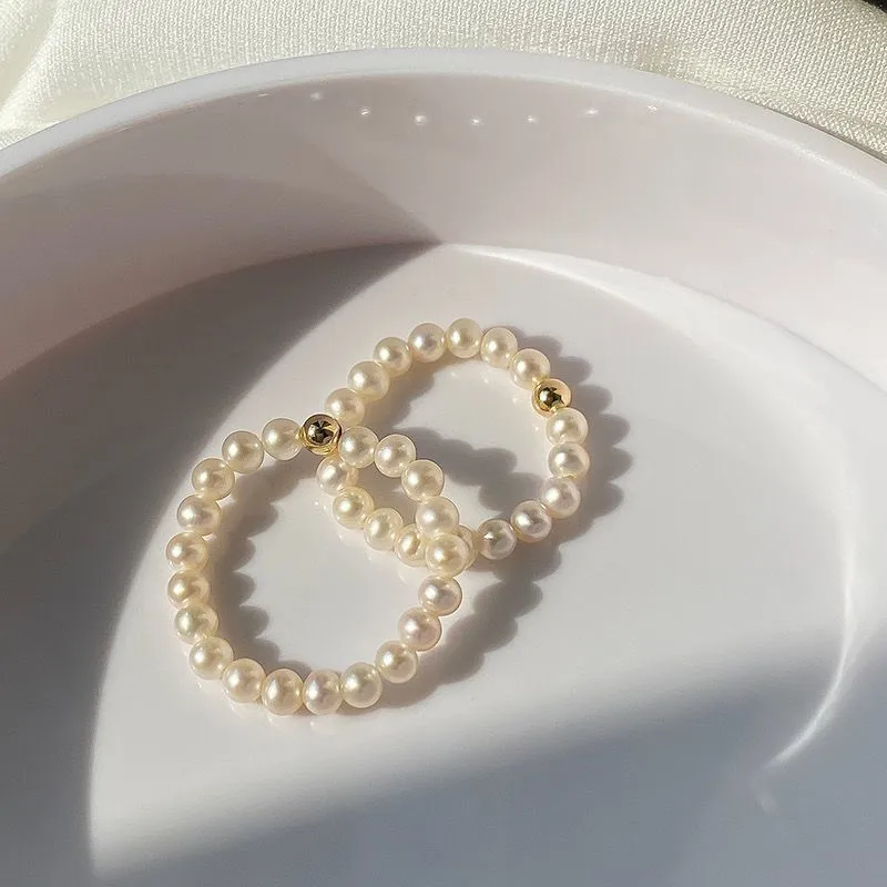 Women Fashion Simple Copper Bead Glass Pearl Ring