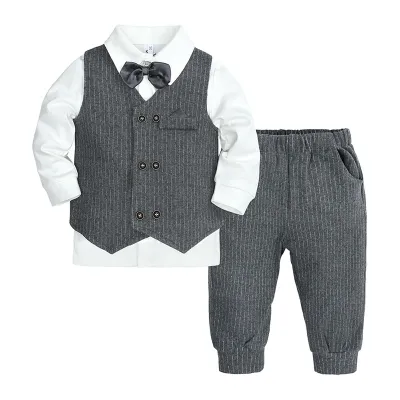 Kids Baby Boys Party British Vest Solid Color Long Sleeve Lapel Shirt Trousers Set