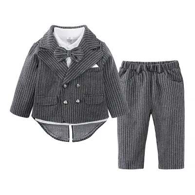 Kids Baby Boys Party British Style Striped Long Sleeve Lapel Shirt Trousers Coat Set