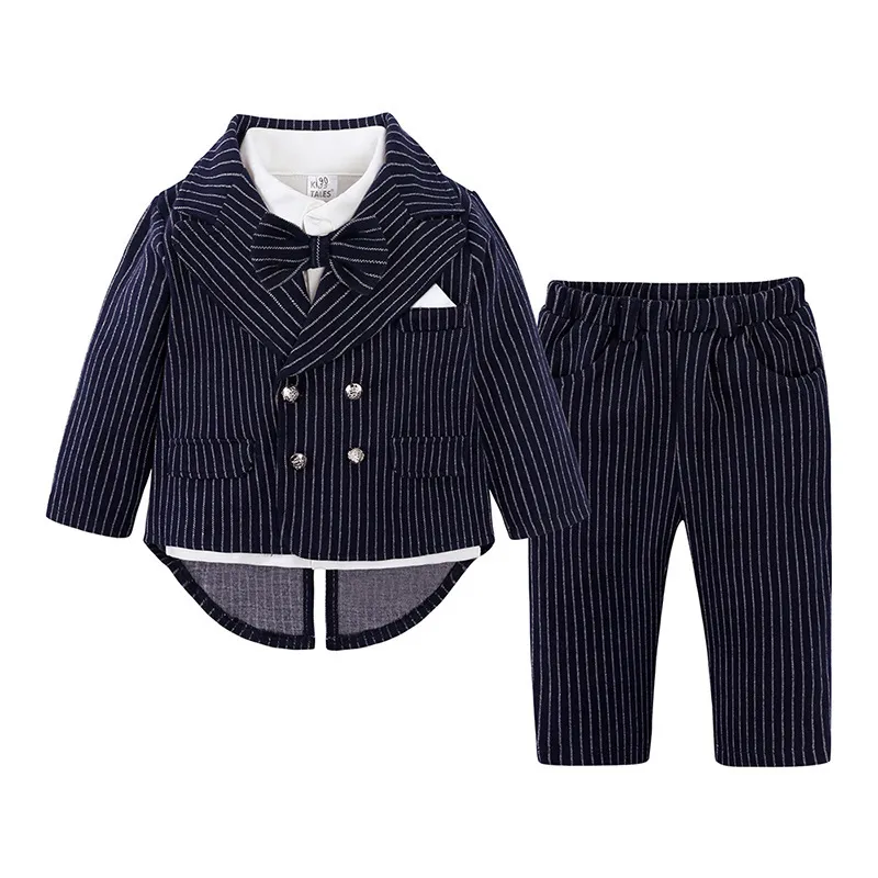Kids Baby Boys Party British Style Striped Long Sleeve Lapel Shirt Trousers Coat Set