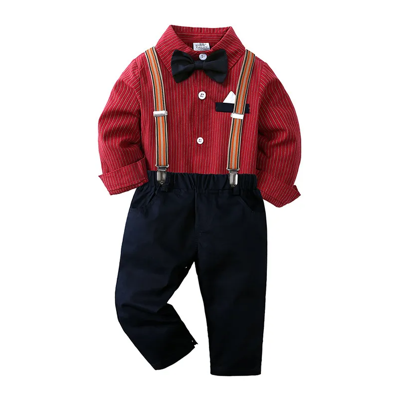 Kids Toddler Boys Party Clothing British Style Bow Long Sleeve Lapel Shirt Suspender Pants Set