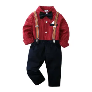 Kids Toddler Boys Party Clothing British Style Bow Long Sleeve Lapel Shirt Suspender Pants Set