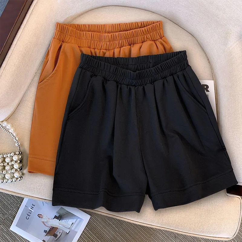 Summer Women Solid Color Casual Plus Size High Waist Wide Leg Shorts