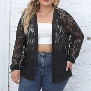 Women Plus Size Mesh See-Through Lace Rib Cardigan Jacket