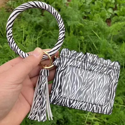 Women Fashion Multicolor Plaid Leopard Rose Printed Leather Wallet Keychain