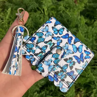 Women Fashion Creative Snake Pattern Plaid Sunflower Printed Wallet Tassel Keychain