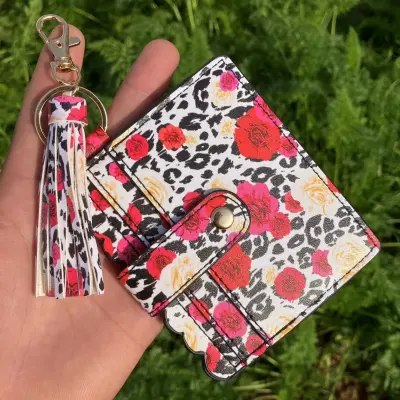 Women Fashion Creative Snake Pattern Plaid Sunflower Printed Wallet Tassel Keychain