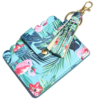 Women Fashion Creative Snake Pattern Plaid Sunflower Printed Wallet Tassel Keychain